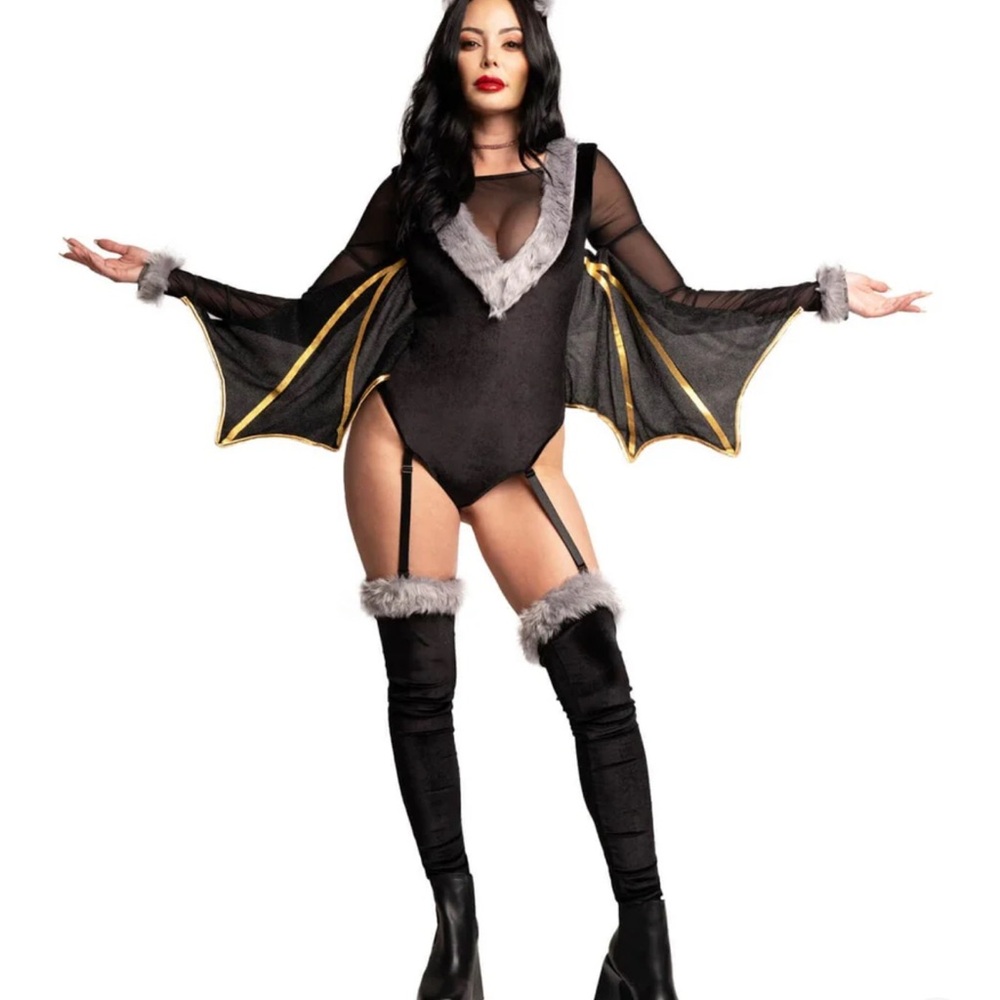 Black and Gold Bat Costume with Fur Trim